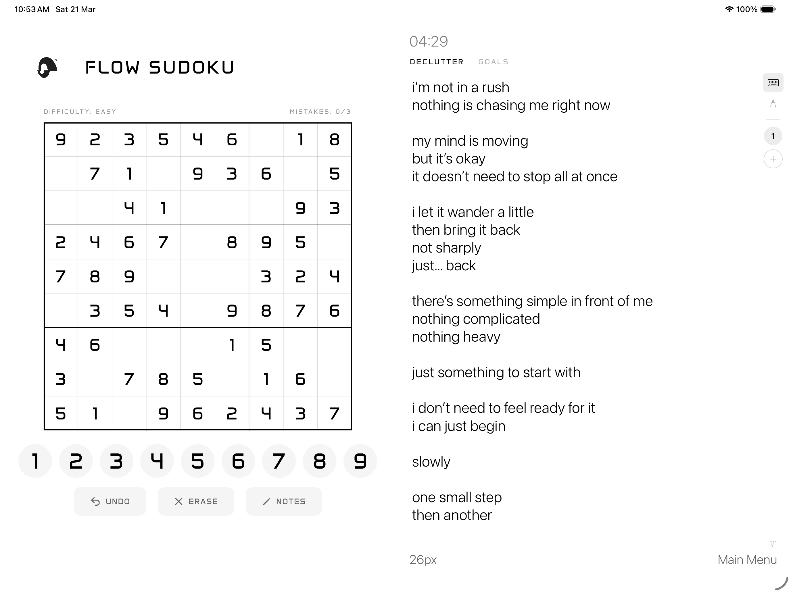 Flow Sudoku running on iPad in landscape